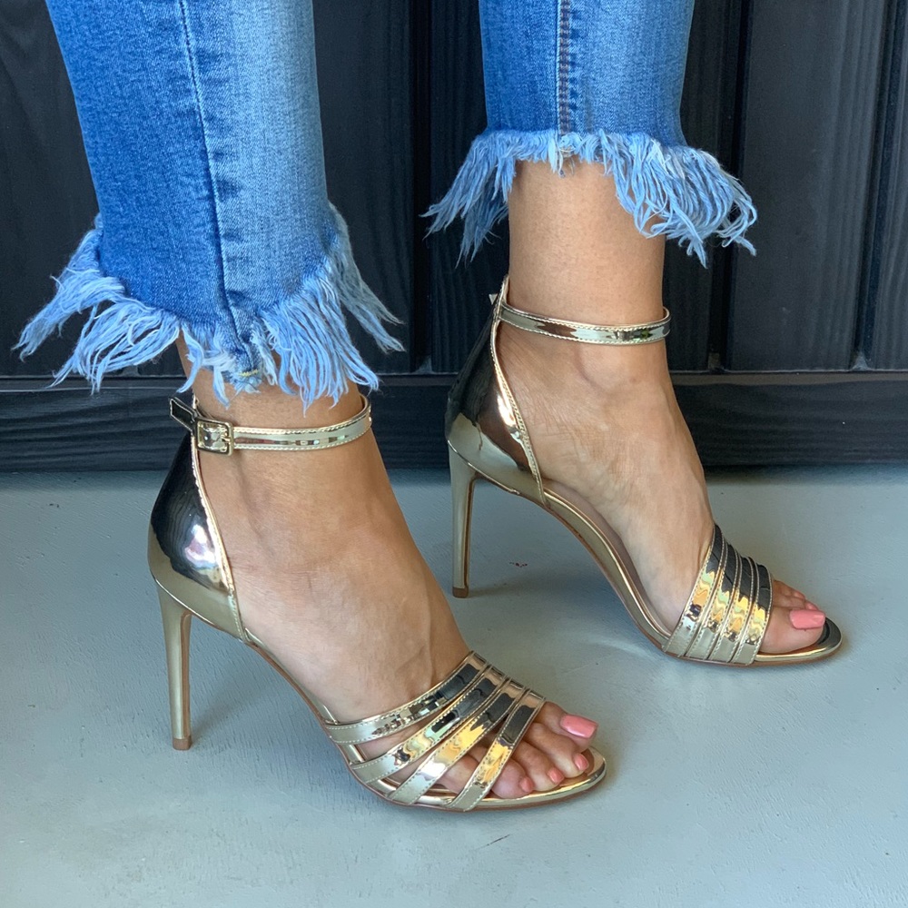 Liquid Drip Gold High Stiletto Heel Strappy Sandal - Picture 2 of 6
